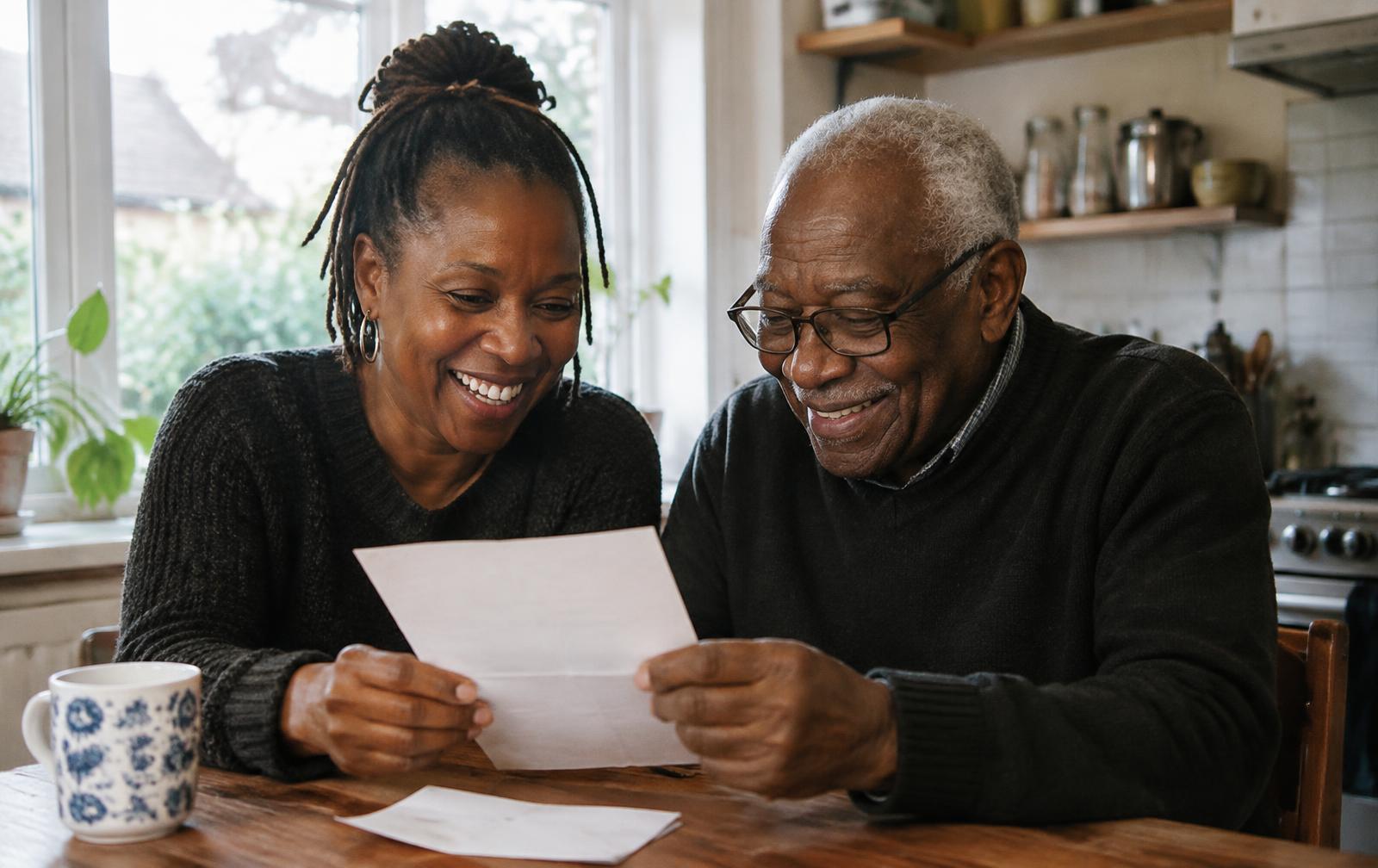 A Black British woman and her elderly father smiling as they read a letter together at the kitchen table