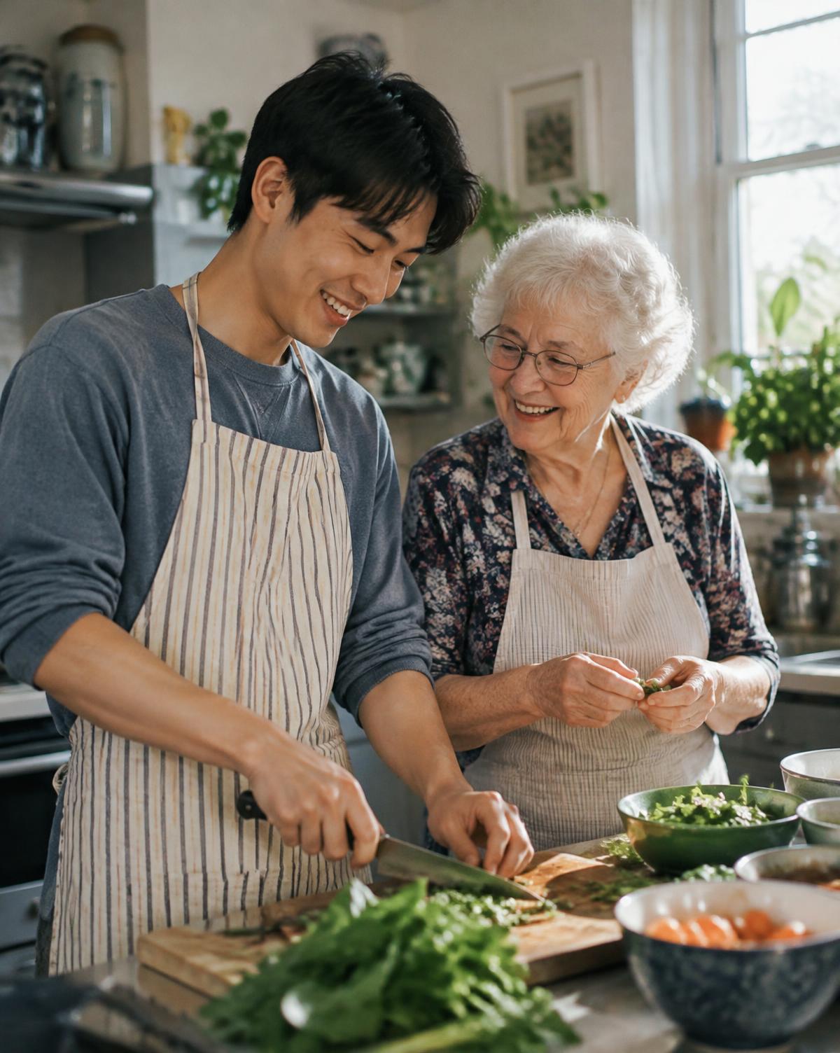 A grandson and his grandmother cooking together in a bright kitchen