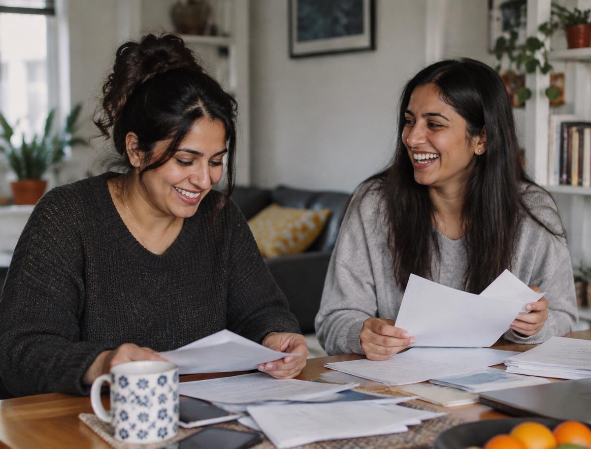 Two South Asian sisters laughing as they sort through paperwork together at home